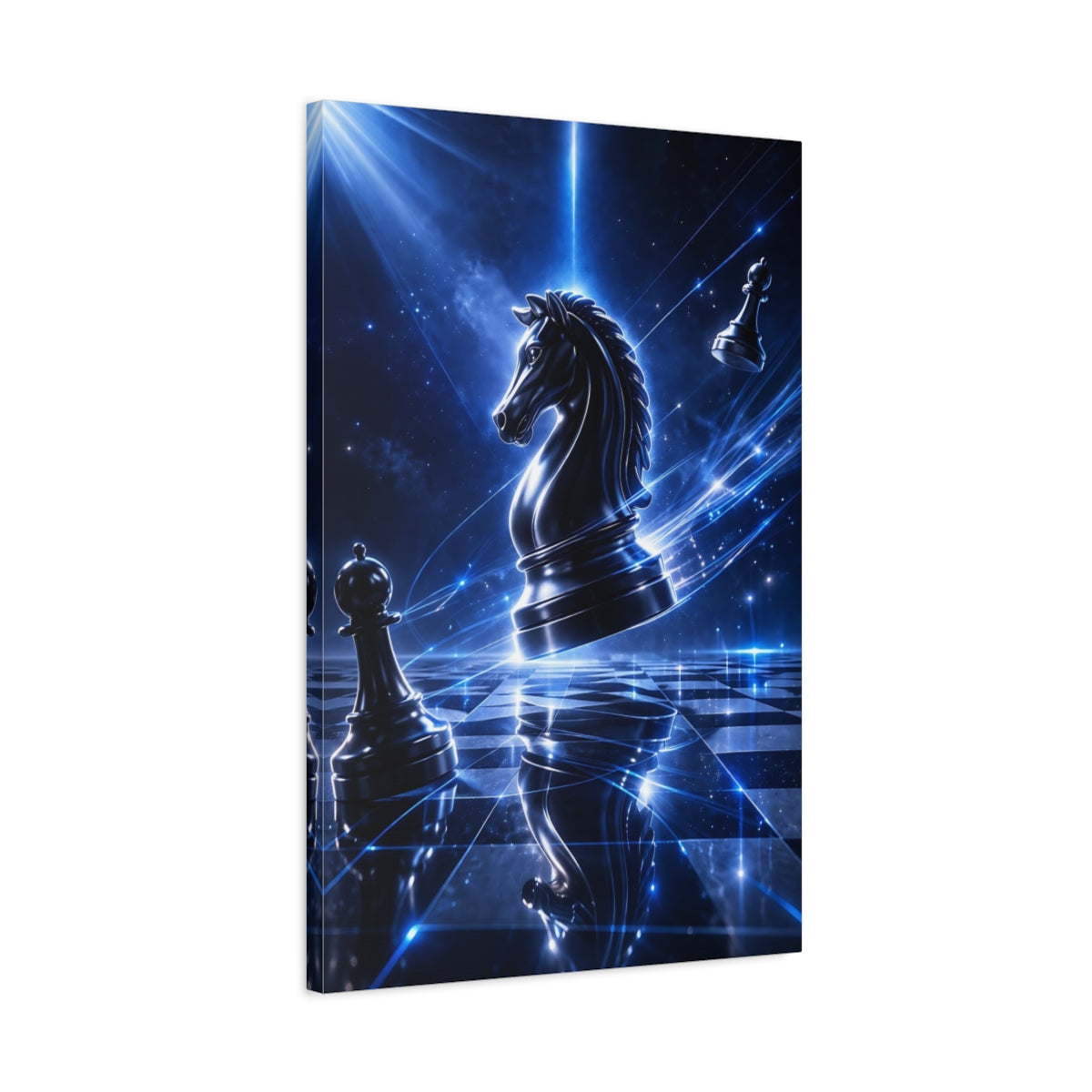Side Mockup 2. Science Fiction Chess Knight Blue Sci-Fi Chess shown as stretched canvas wall art