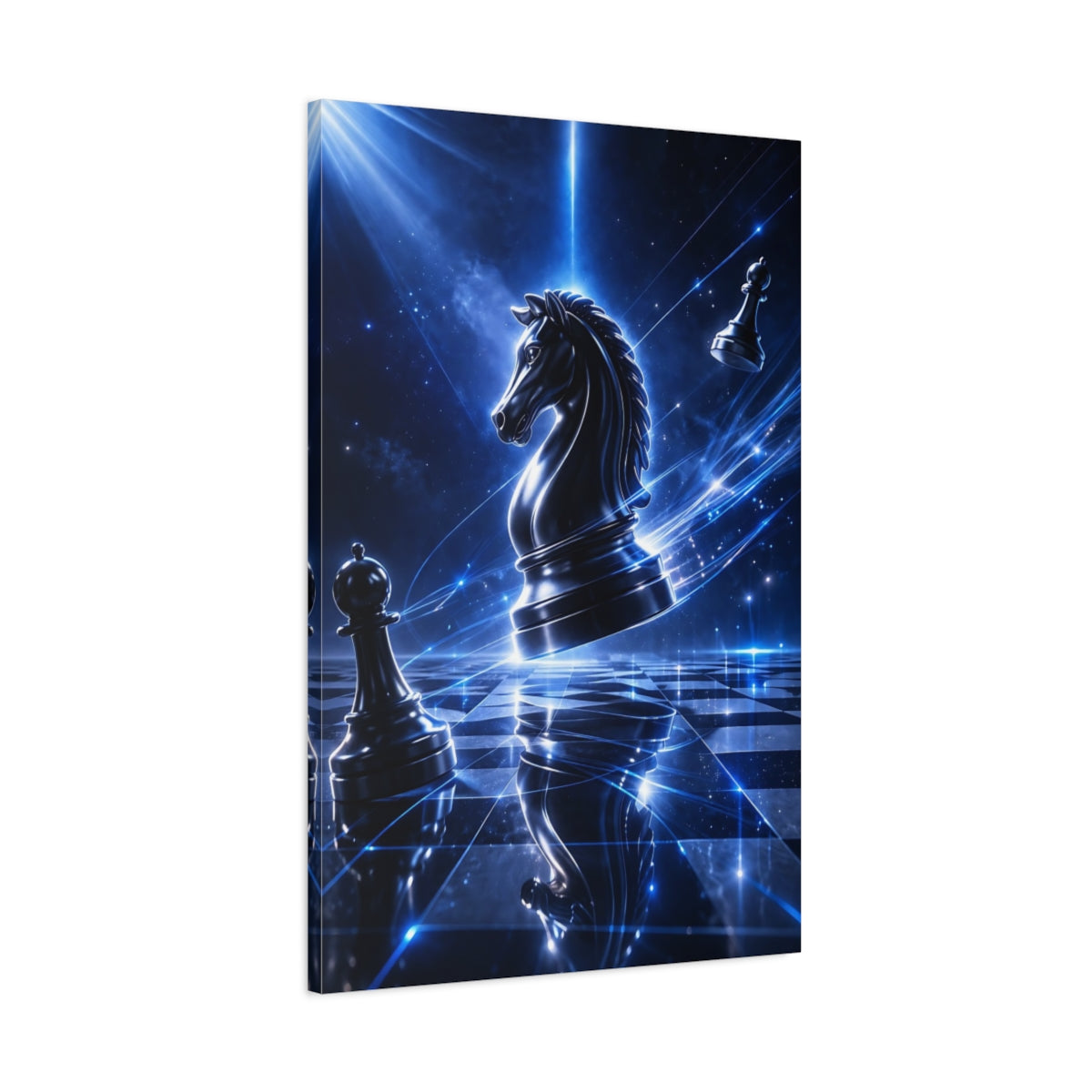 Side Mockup 1. Science Fiction Chess Knight Blue Sci-Fi Chess shown as stretched canvas wall art