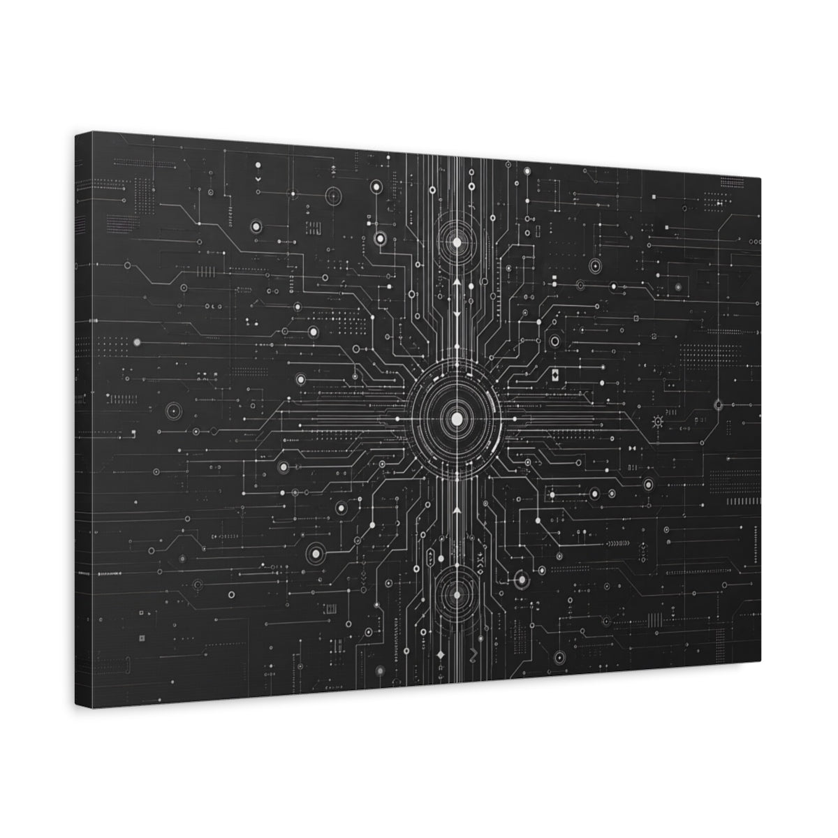 Side Mockup 3. Science Fiction Circuit Board Black And White Circuit shown as stretched canvas wall art