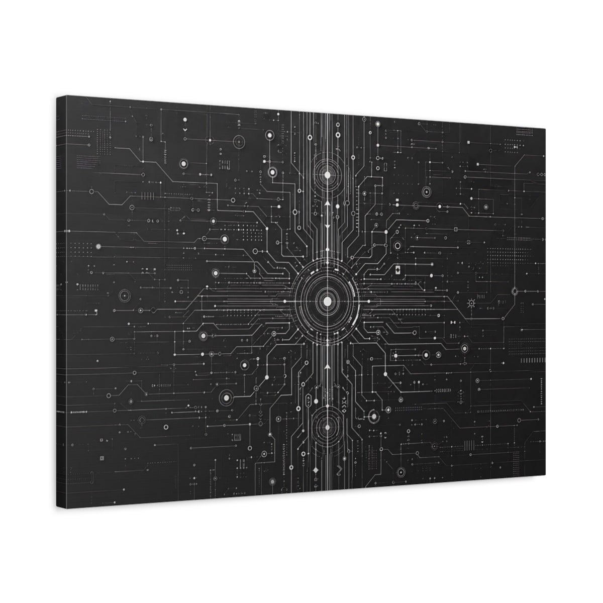 Side Mockup 2. Science Fiction Circuit Board Black And White Circuit shown as stretched canvas wall art