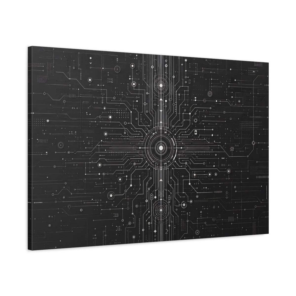 Main Mockup. Science Fiction Circuit Board Black And White Circuit shown as stretched canvas wall art