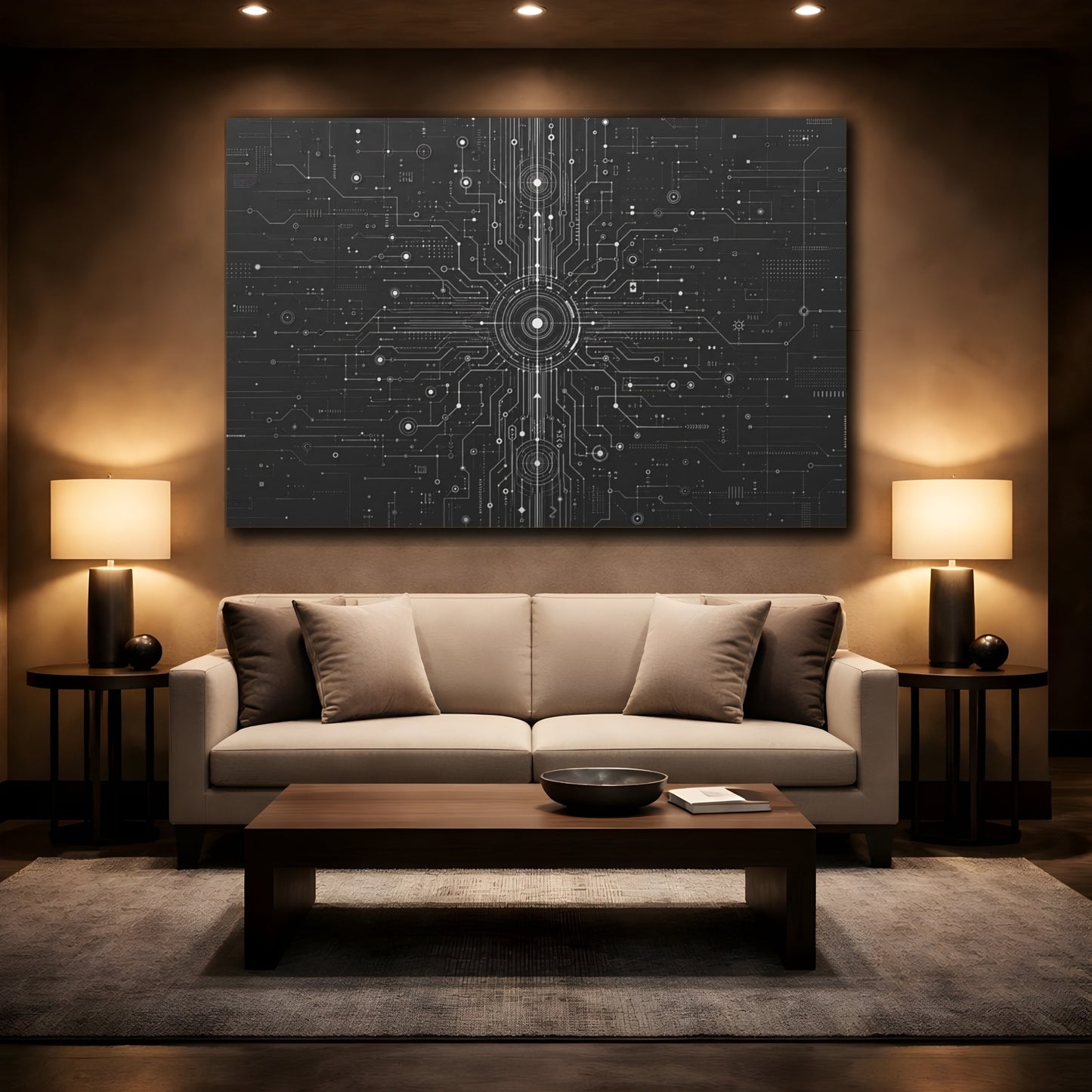 Mockup 2. Science Fiction Circuit Board Black And White Circuit shown as stretched canvas wall art