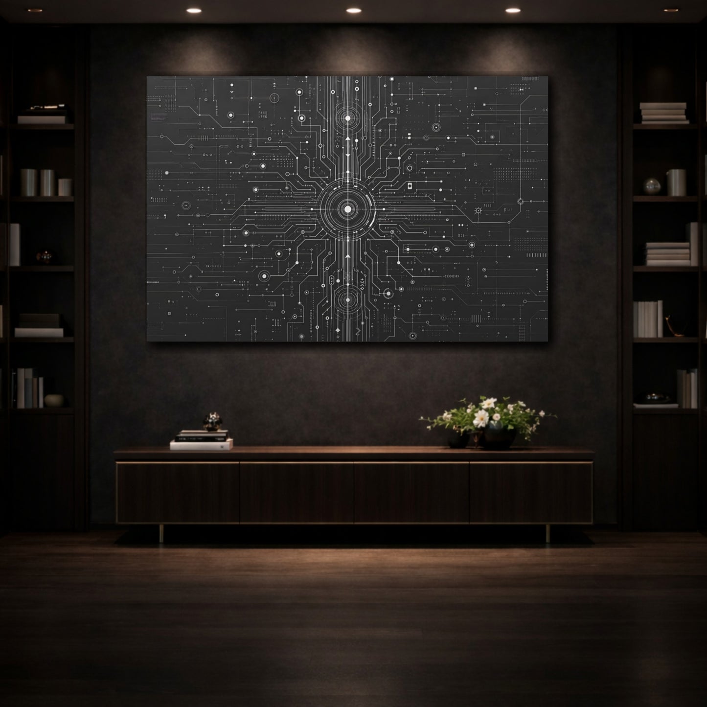 Mockup 3. Science Fiction Circuit Board Black And White Circuit shown as stretched canvas wall art