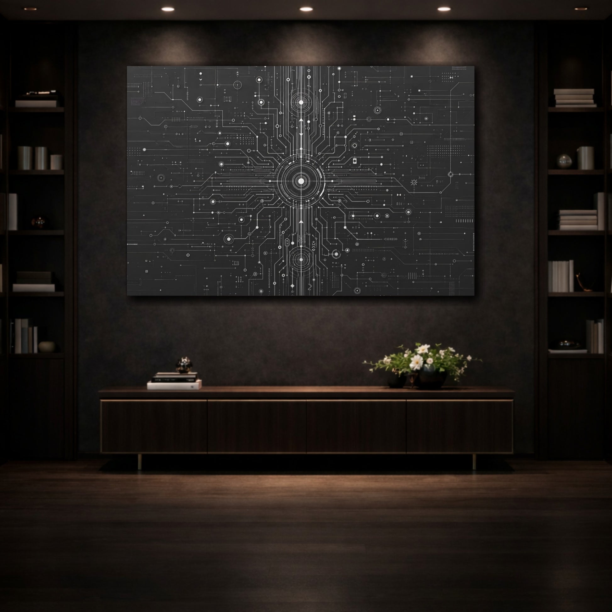 Mockup 3. Science Fiction Circuit Board Black And White Circuit shown as stretched canvas wall art
