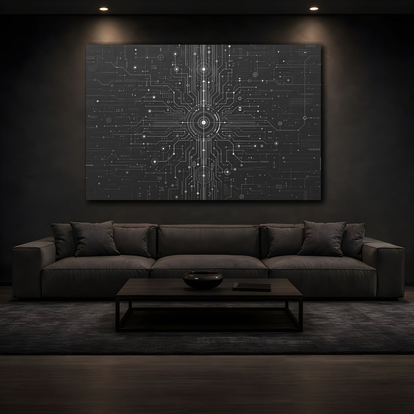 Mockup 4. Science Fiction Circuit Board Black And White Circuit shown as stretched canvas wall art