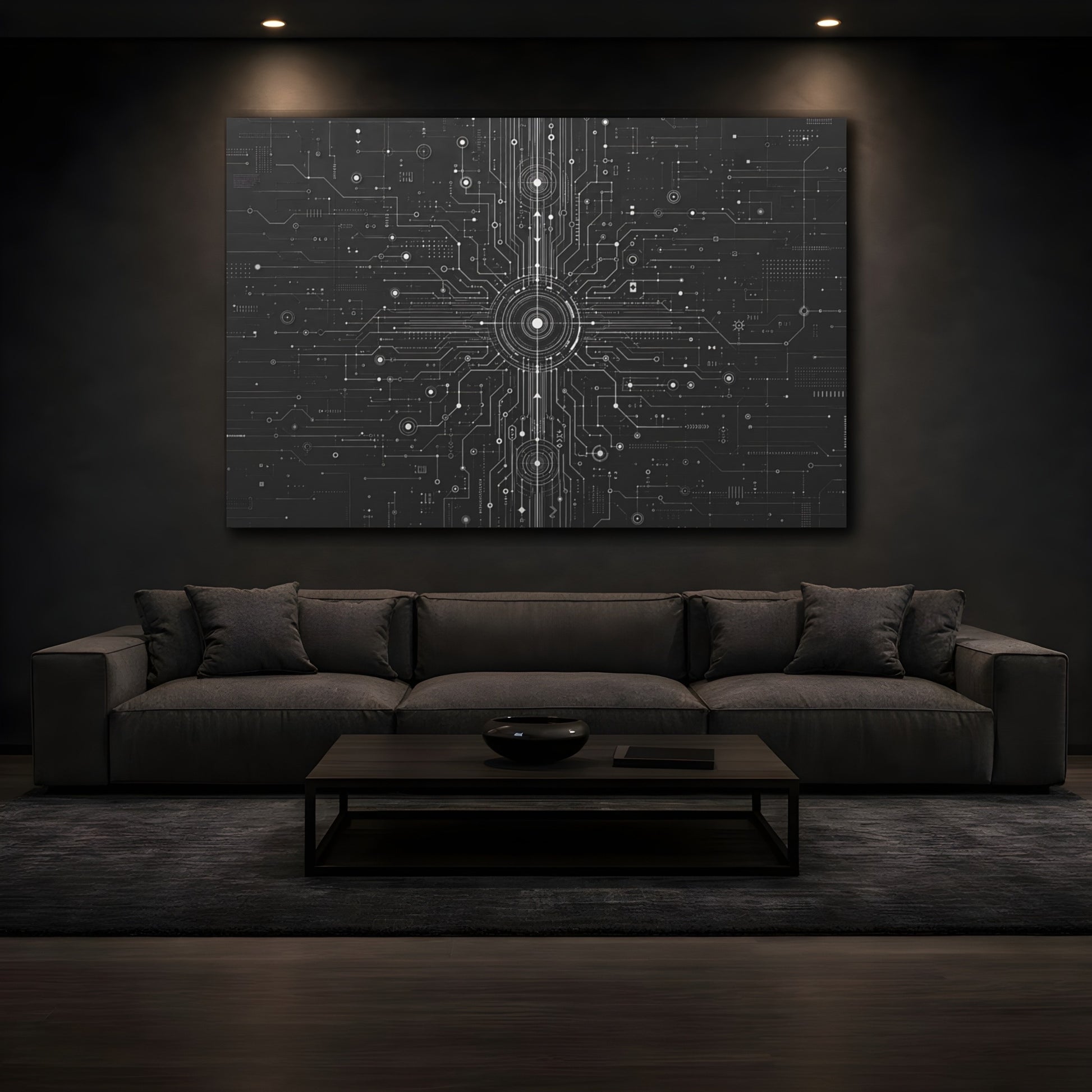 Mockup 4. Science Fiction Circuit Board Black And White Circuit shown as stretched canvas wall art
