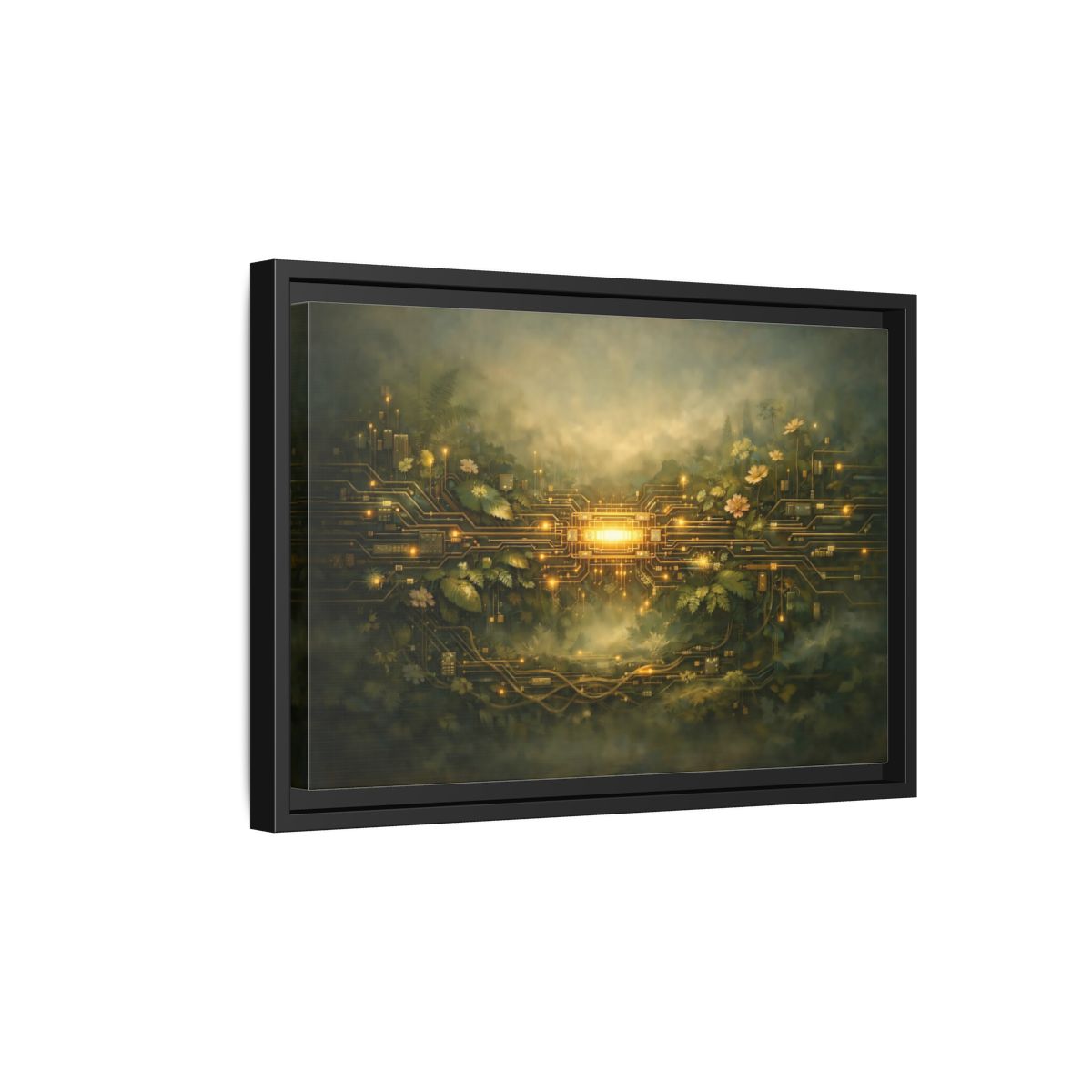 Side Mockup 6. Science Fiction Circuit Board Green And Gold shown as stretched canvas wall art