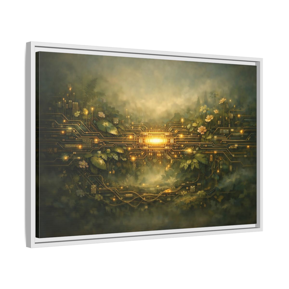 Side Mockup 10. Science Fiction Circuit Board Green And Gold shown as stretched canvas wall art