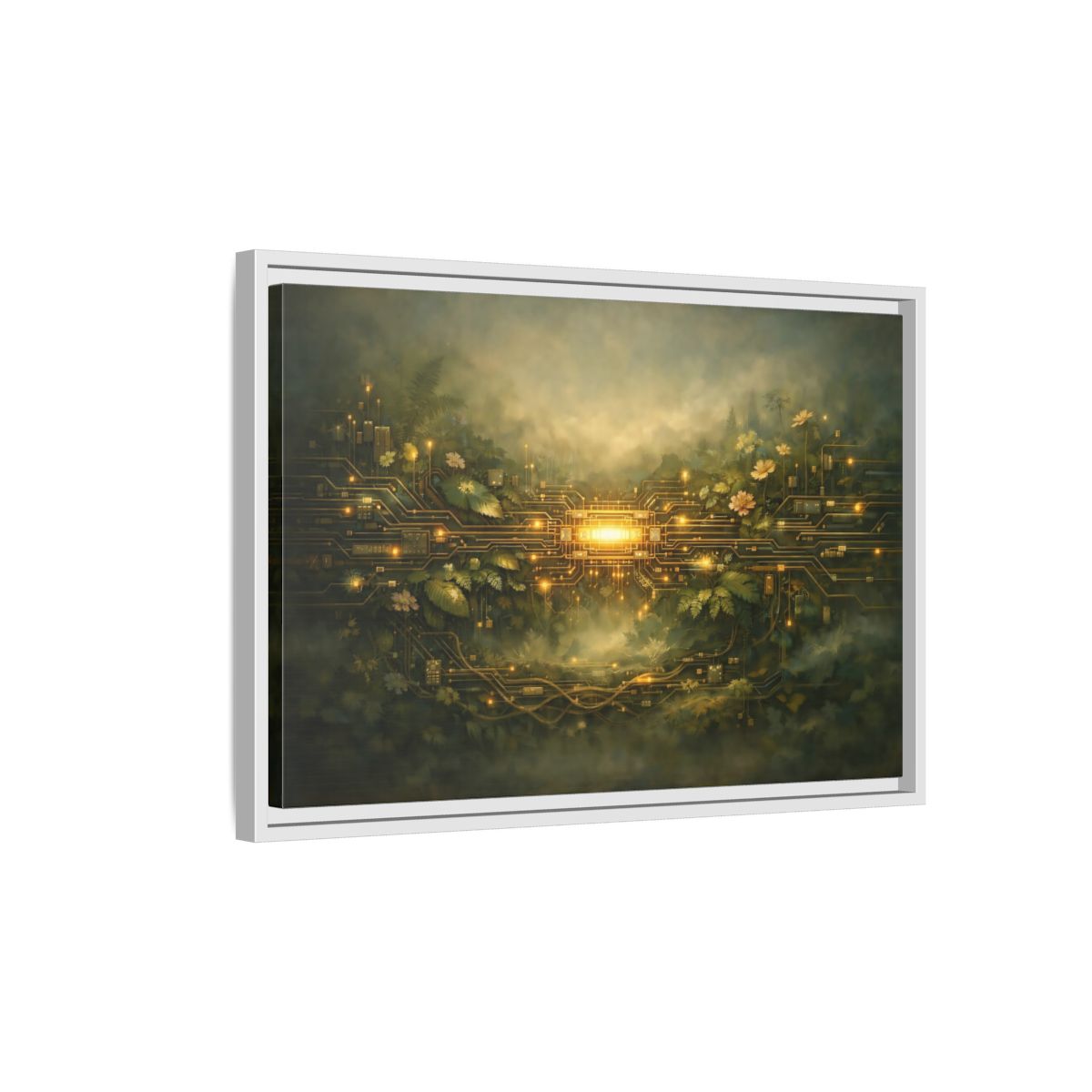 Side Mockup 1. Science Fiction Circuit Board Green And Gold shown as stretched canvas wall art