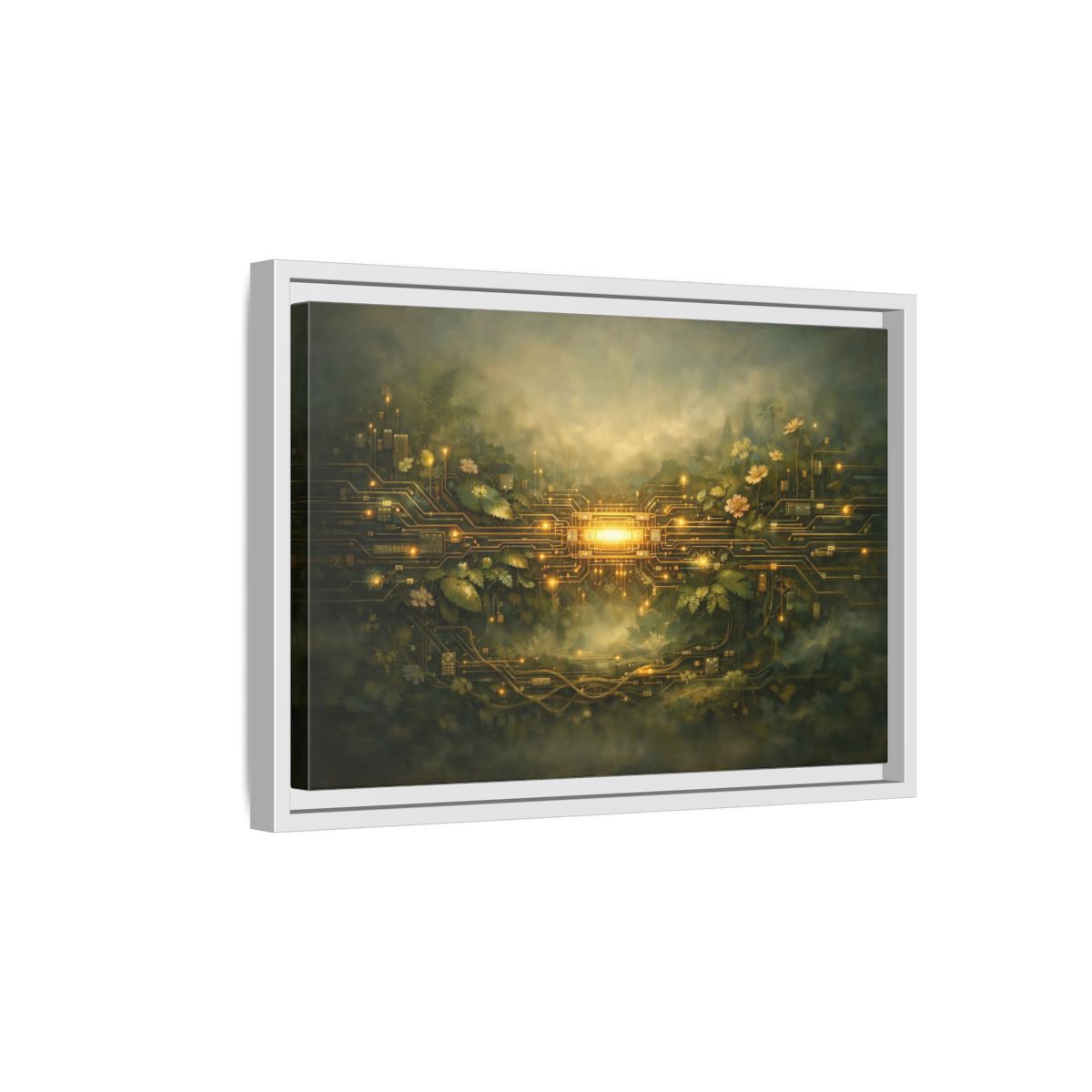 Side Mockup 4. Science Fiction Circuit Board Green And Gold shown as stretched canvas wall art