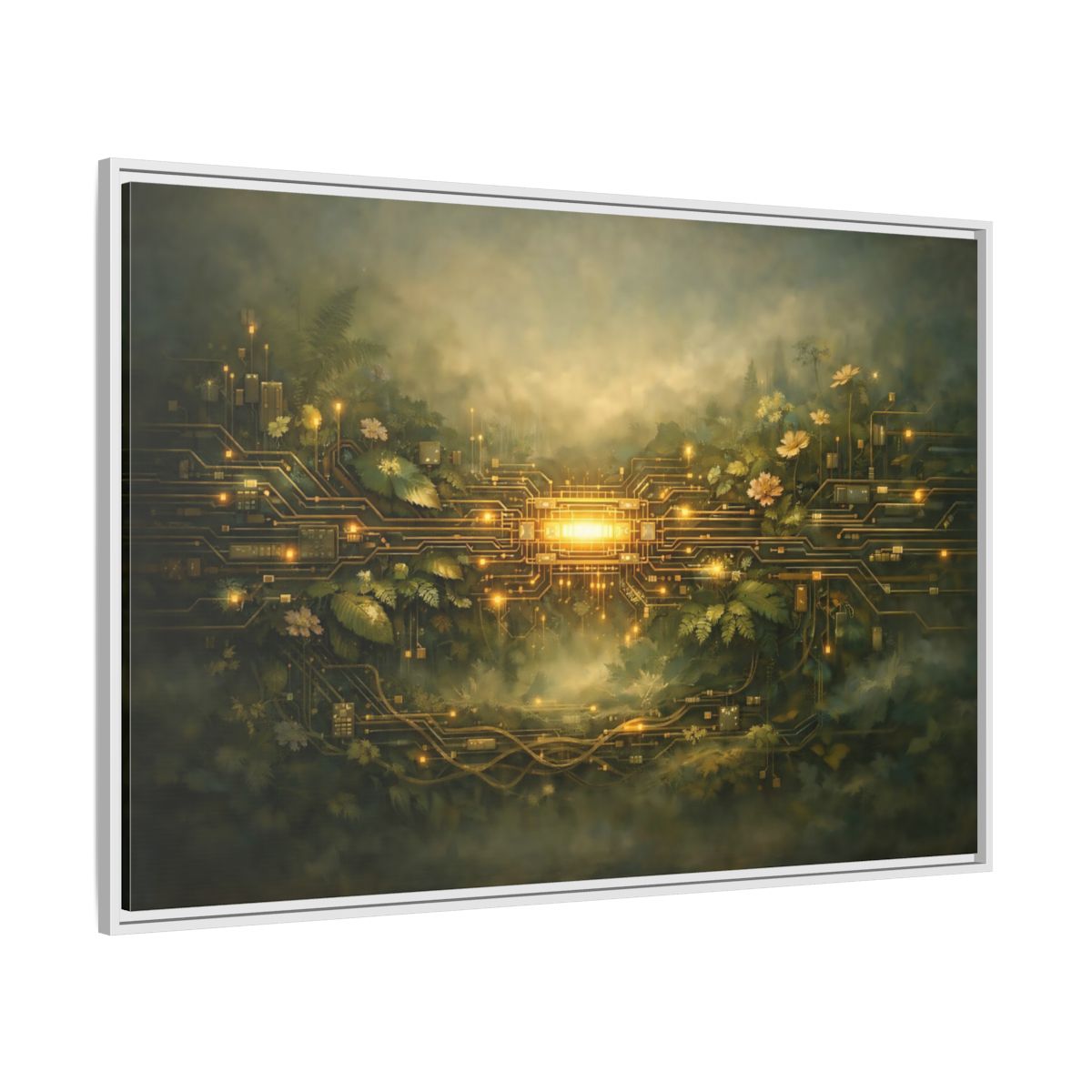 Side Mockup 7. Science Fiction Circuit Board Green And Gold shown as stretched canvas wall art