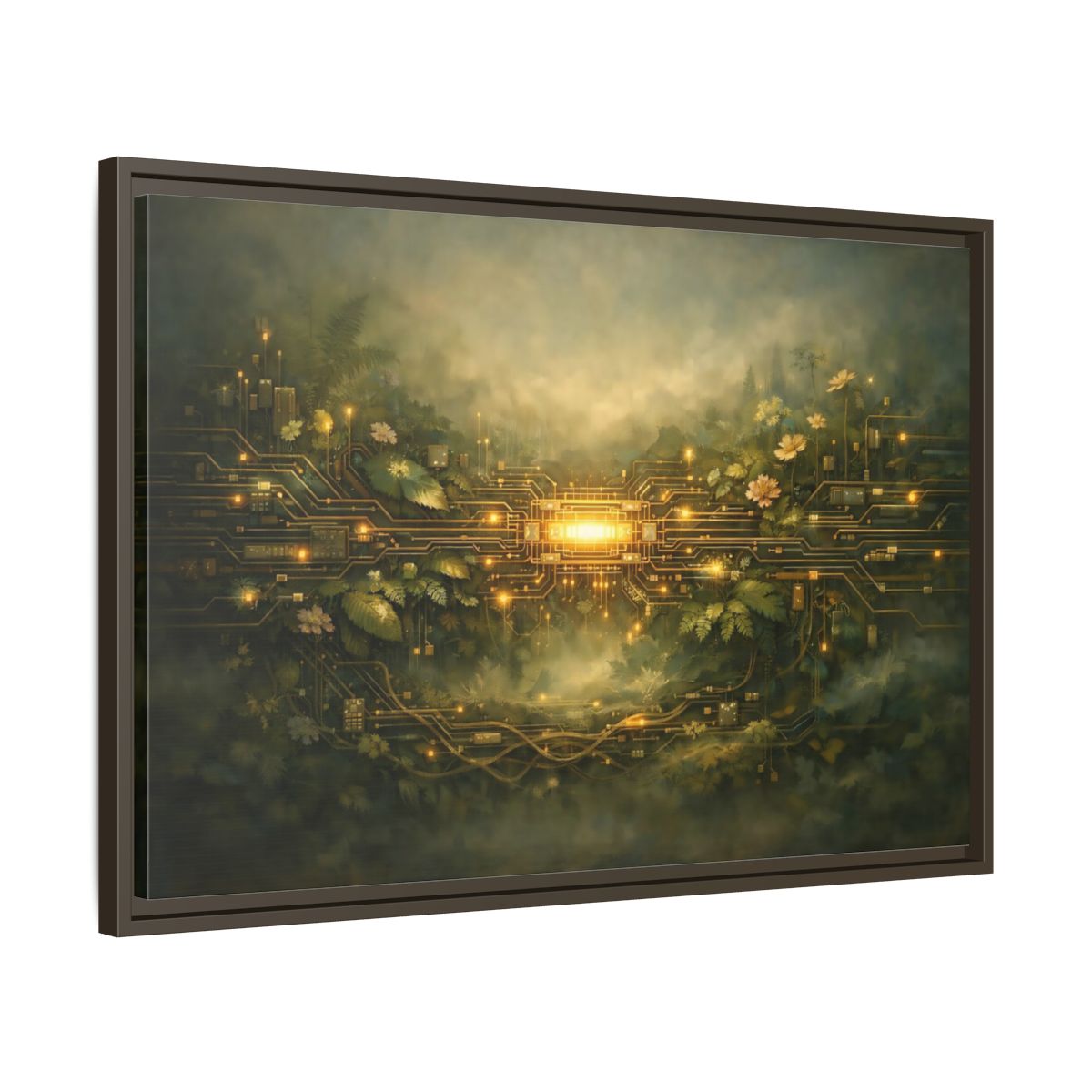 Side Mockup 11. Science Fiction Circuit Board Green And Gold shown as stretched canvas wall art