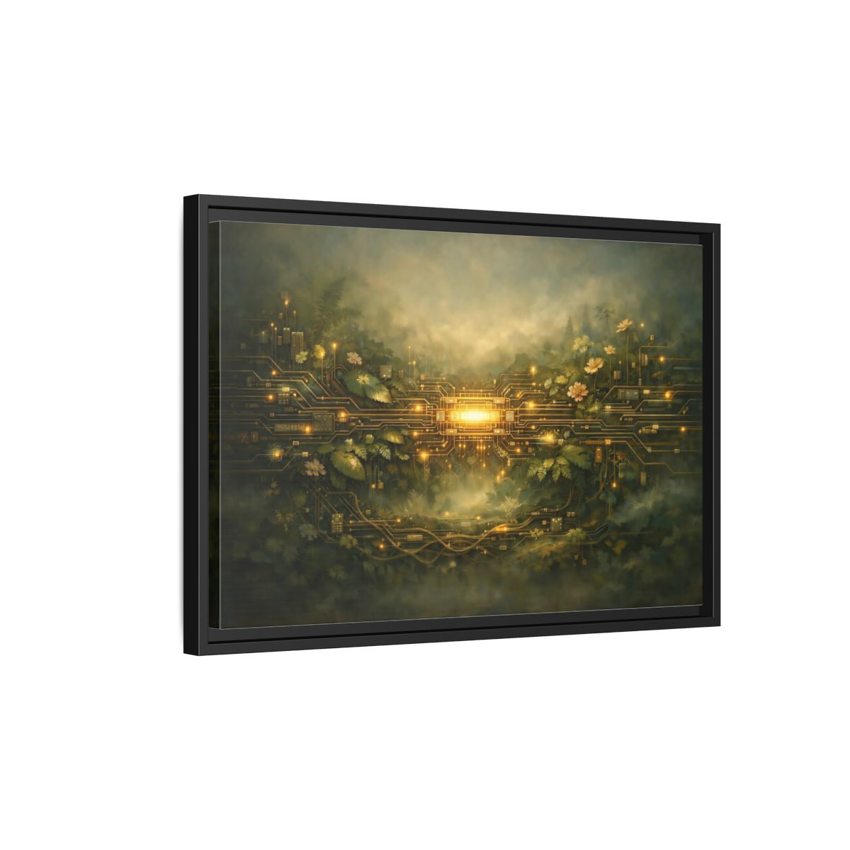 Side Mockup 3. Science Fiction Circuit Board Green And Gold shown as stretched canvas wall art