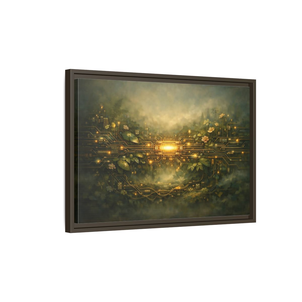 Side Mockup 2. Science Fiction Circuit Board Green And Gold shown as stretched canvas wall art