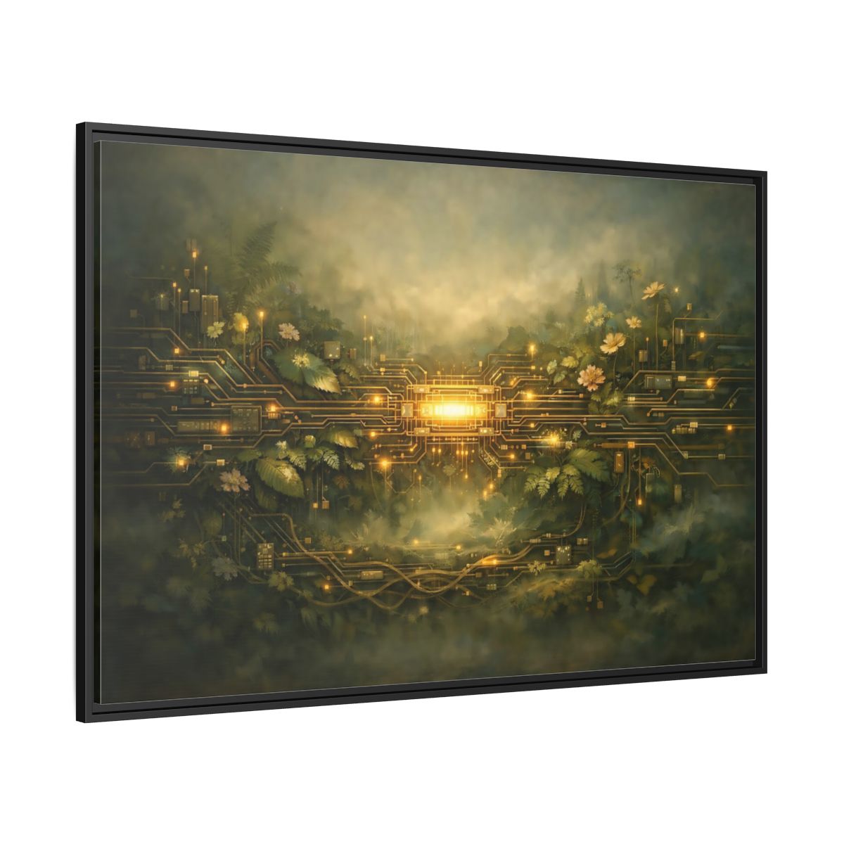 Side Mockup 12. Science Fiction Circuit Board Green And Gold shown as stretched canvas wall art