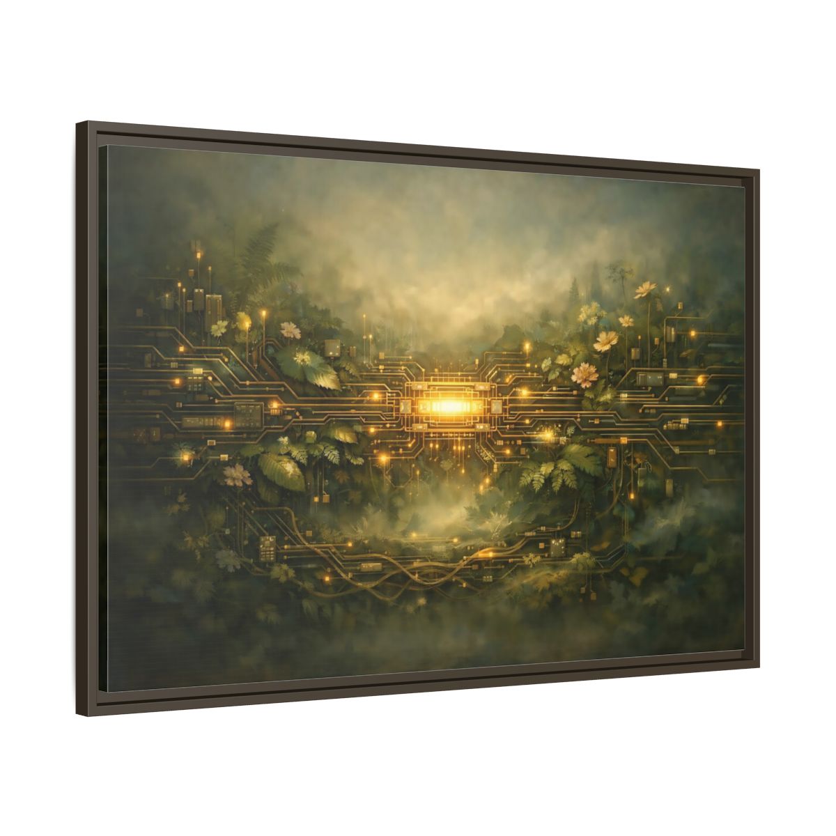 Side Mockup 9. Science Fiction Circuit Board Green And Gold shown as stretched canvas wall art