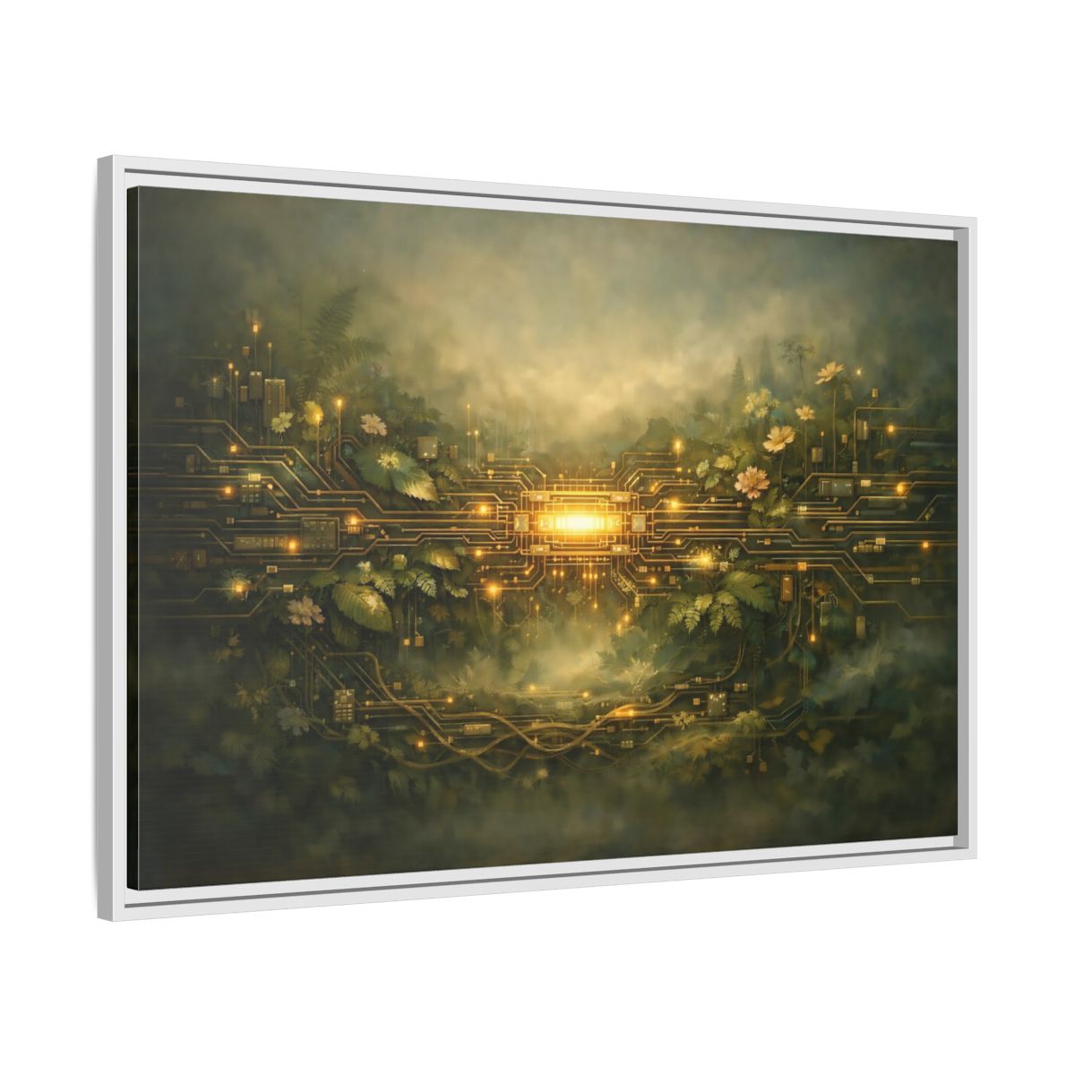 Side Mockup 8. Science Fiction Circuit Board Green And Gold shown as stretched canvas wall art