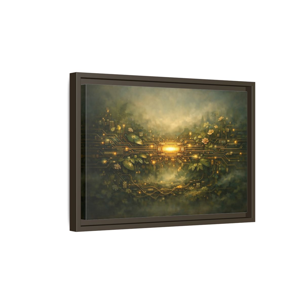 Side Mockup 5. Science Fiction Circuit Board Green And Gold shown as stretched canvas wall art