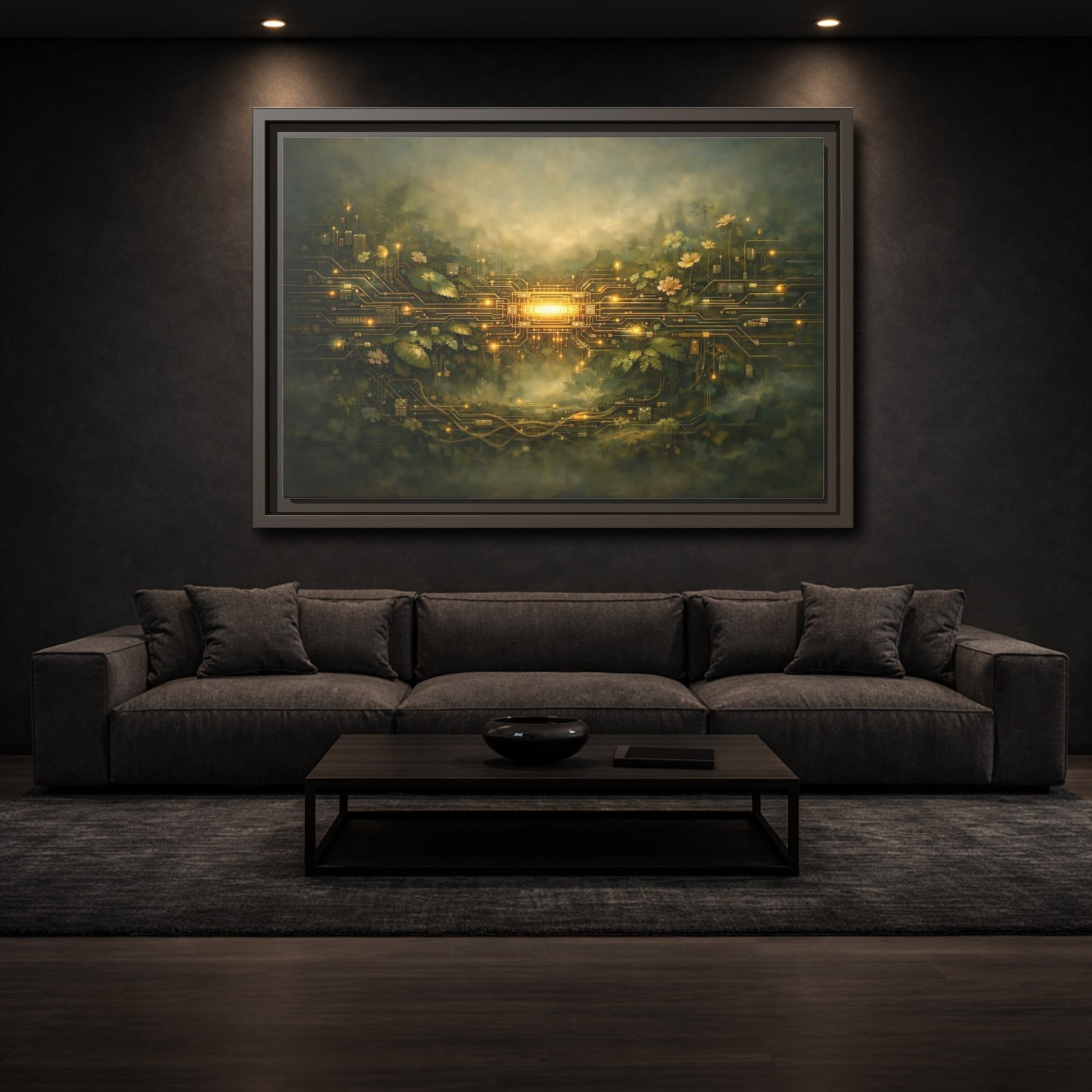 Mockup 2. Science Fiction Circuit Board Green And Gold shown as stretched canvas wall art