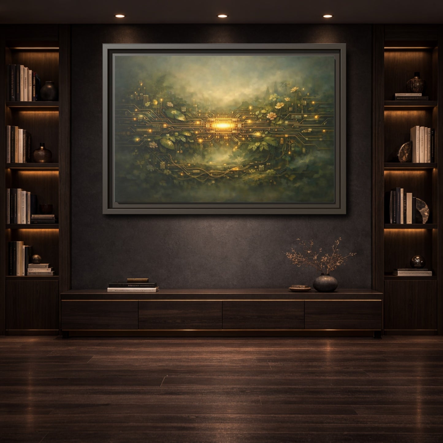 Mockup 3. Science Fiction Circuit Board Green And Gold shown as stretched canvas wall art