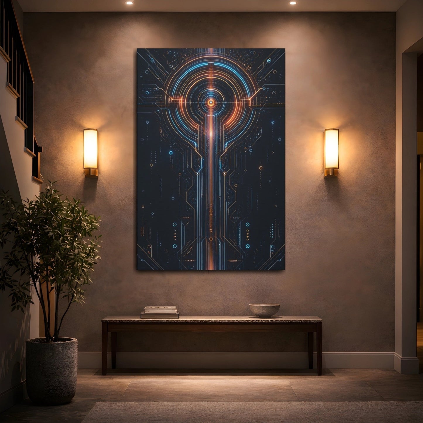 Science Fiction Circuit Board Orange And Canvas Wall Art Print – Futuristic Living Room, Above Console Table - YesArtYes