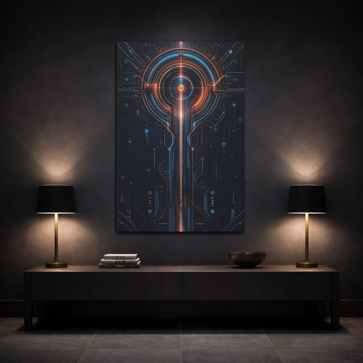 Science Fiction Circuit Board Orange And Canvas Wall Art Print – Futuristic Living Room, Above Console Table - YesArtYes