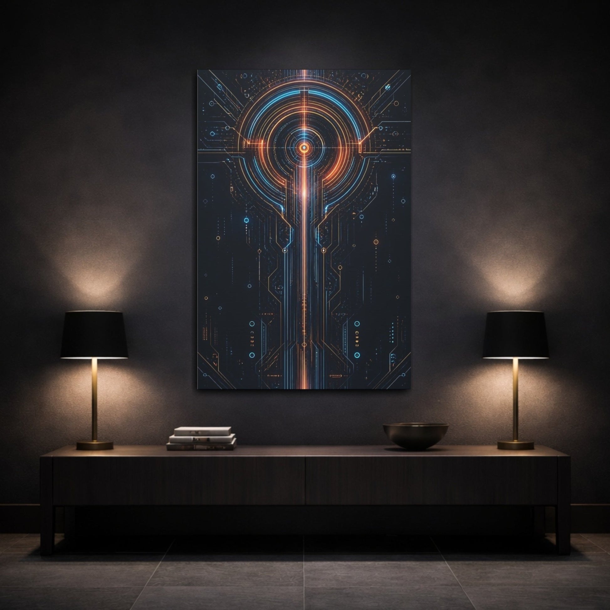 Science Fiction Circuit Board Orange And Canvas Wall Art Print – Futuristic Living Room, Above Console Table - YesArtYes