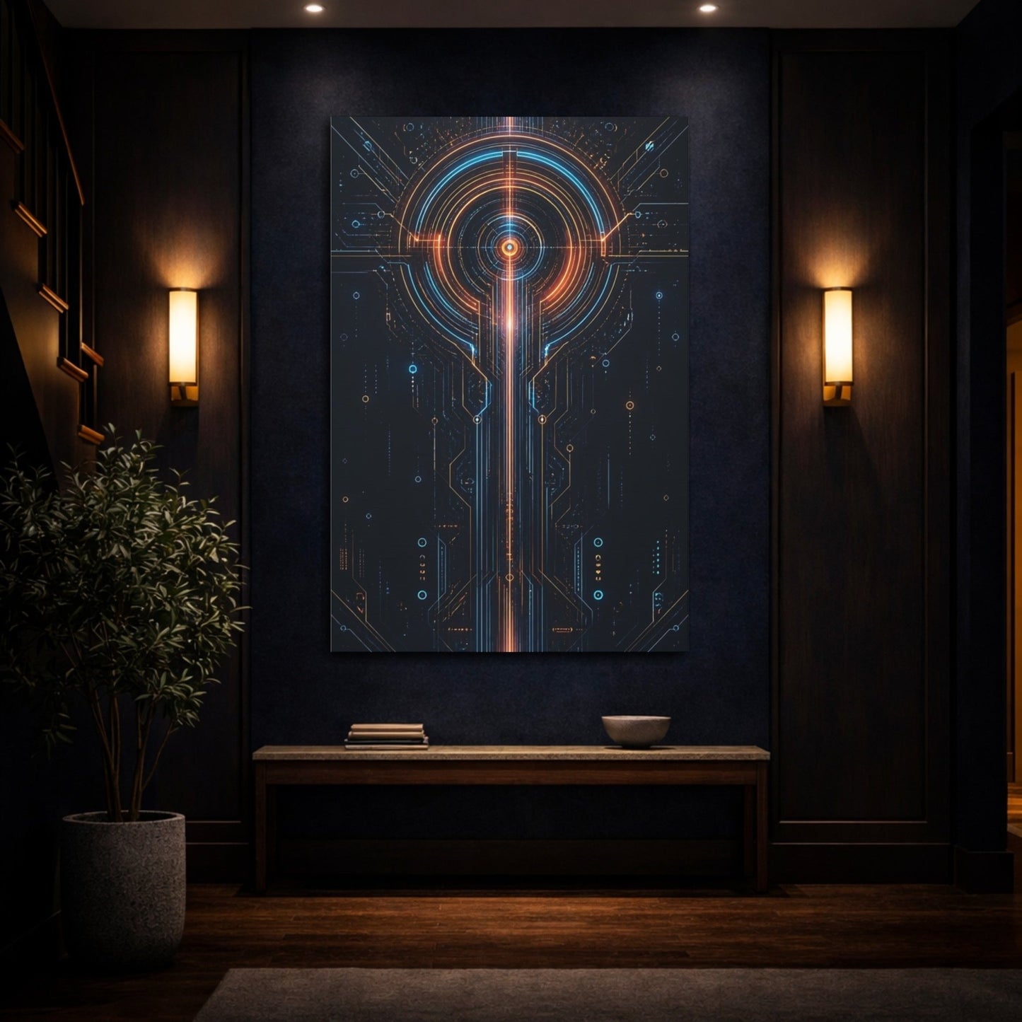 Science Fiction Circuit Board Orange And Canvas Wall Art Print – Futuristic Living Room, Above Console Table - YesArtYes