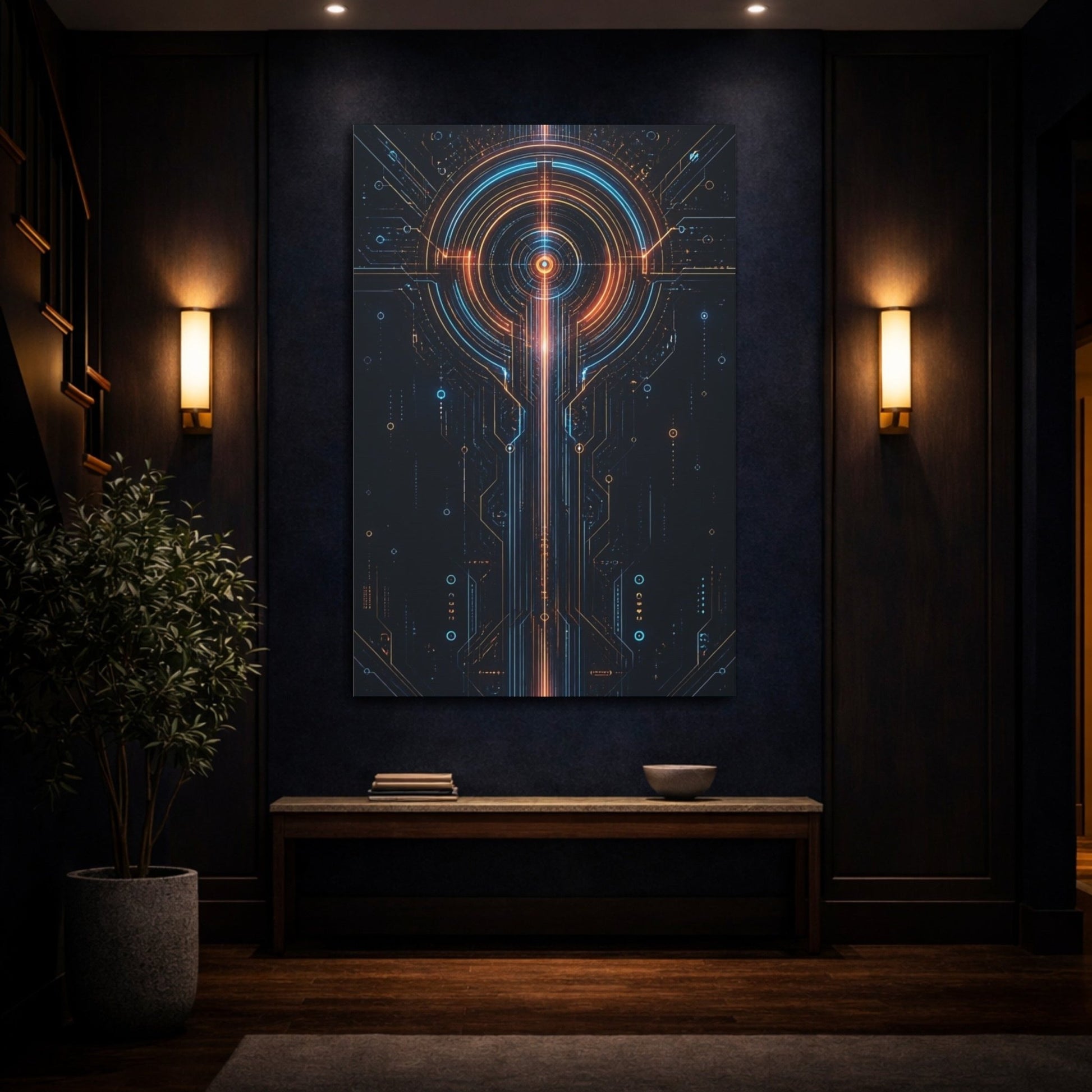 Science Fiction Circuit Board Orange And Canvas Wall Art Print – Futuristic Living Room, Above Console Table - YesArtYes