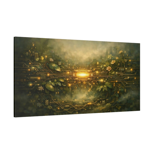Main Mockup. Science Fiction Circuit Jungle Green Gold Circuitry shown as stretched canvas wall art