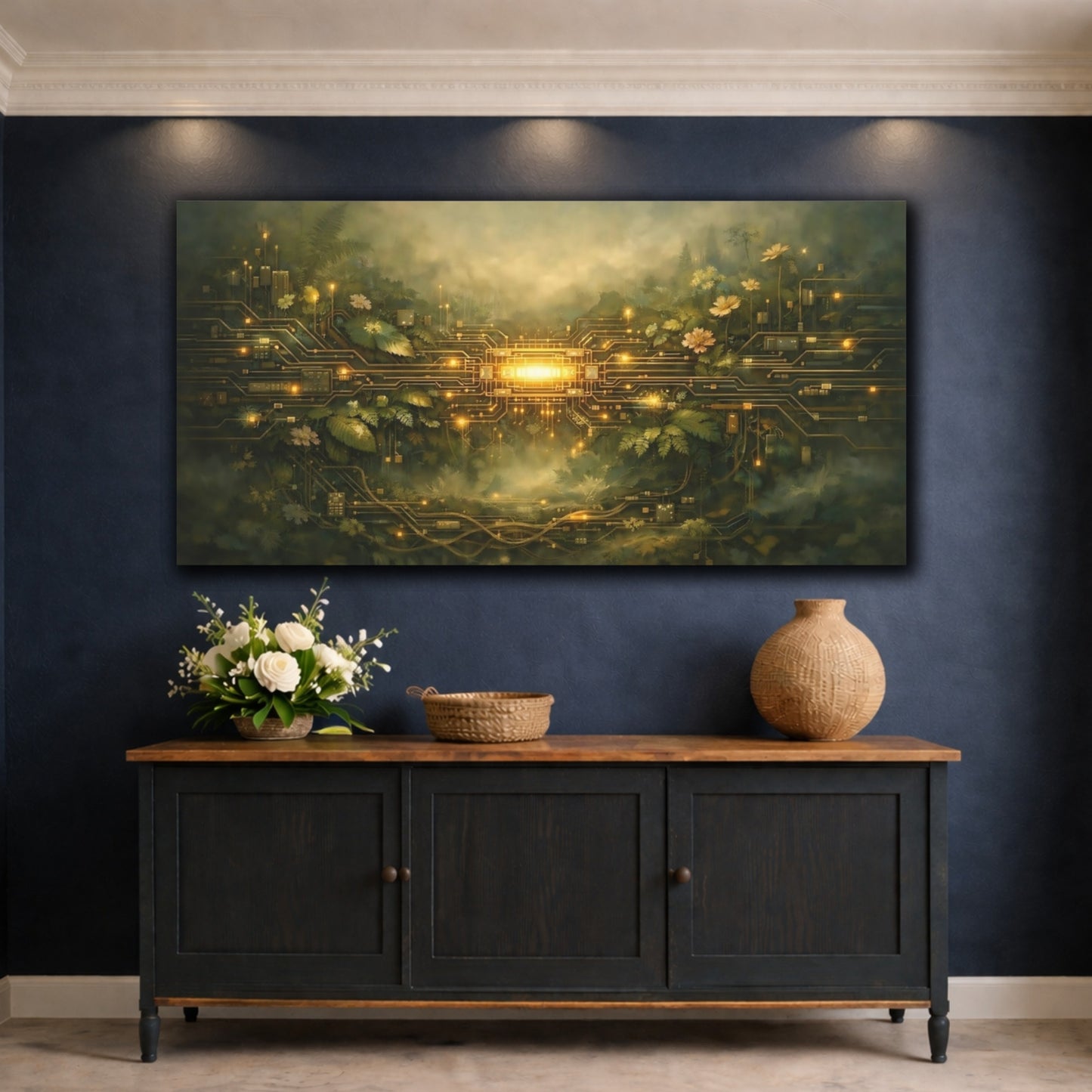 Mockup 4. Science Fiction Circuit Jungle Green Gold Circuitry shown as stretched canvas wall art