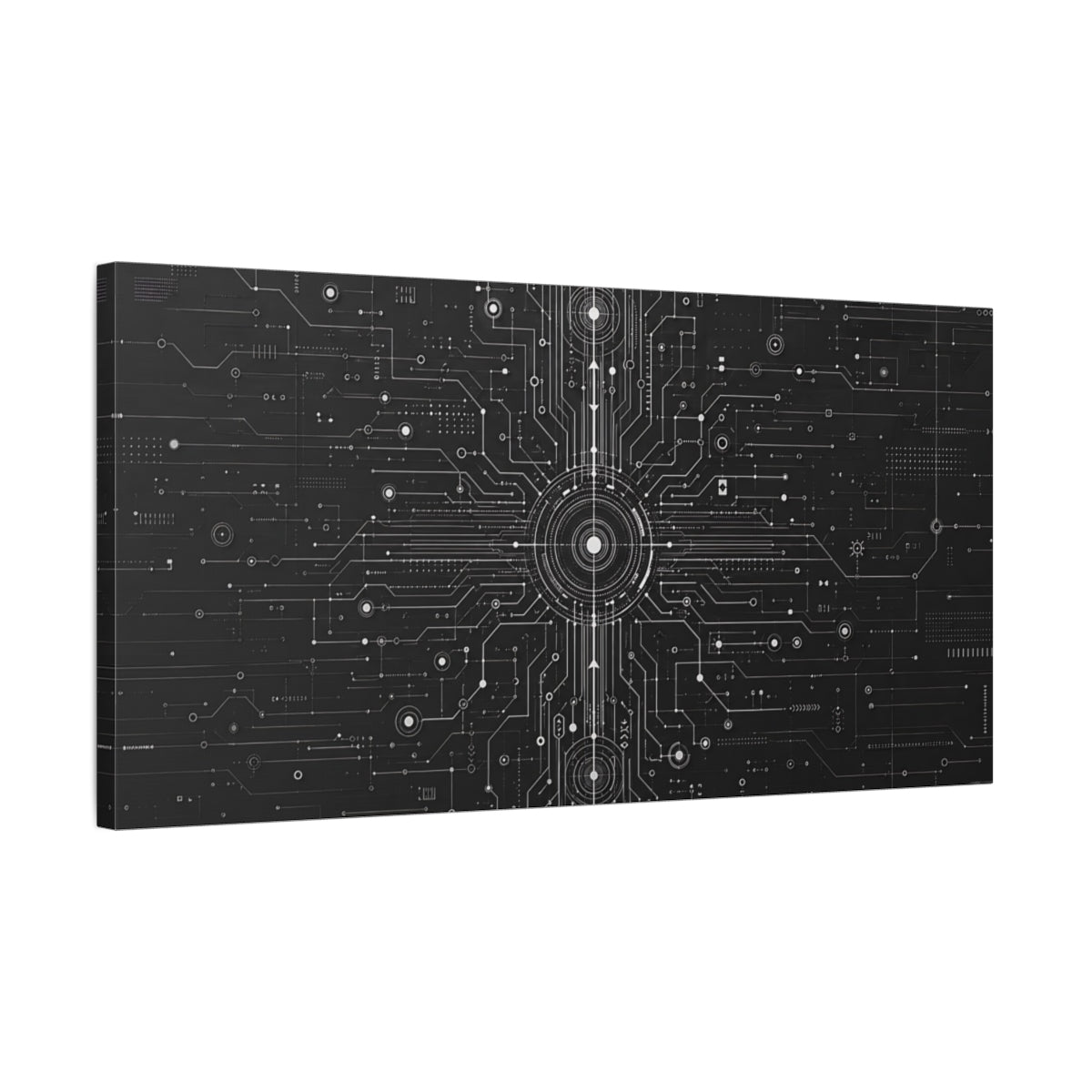 Side Mockup 1. Science Fiction Circuit Network Black And White shown as stretched canvas wall art