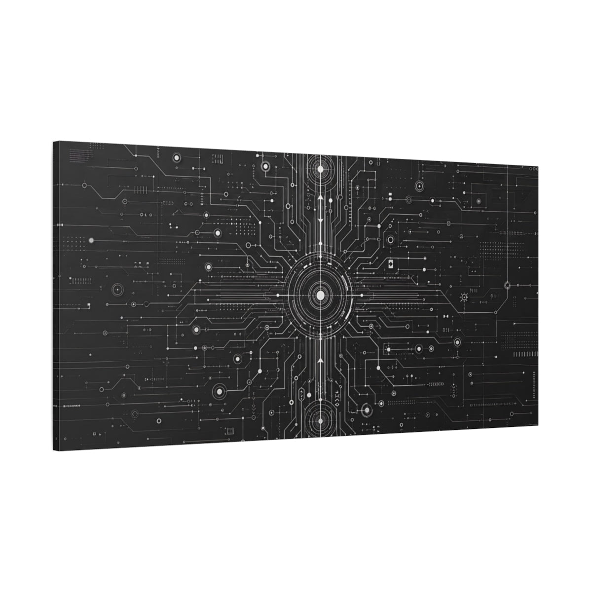 Side Mockup 2. Science Fiction Circuit Network Black And White shown as stretched canvas wall art