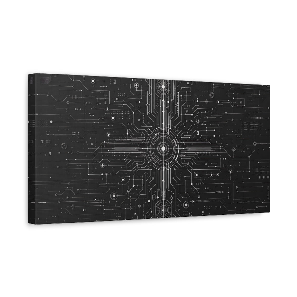 Side Mockup 3. Science Fiction Circuit Network Black And White shown as stretched canvas wall art