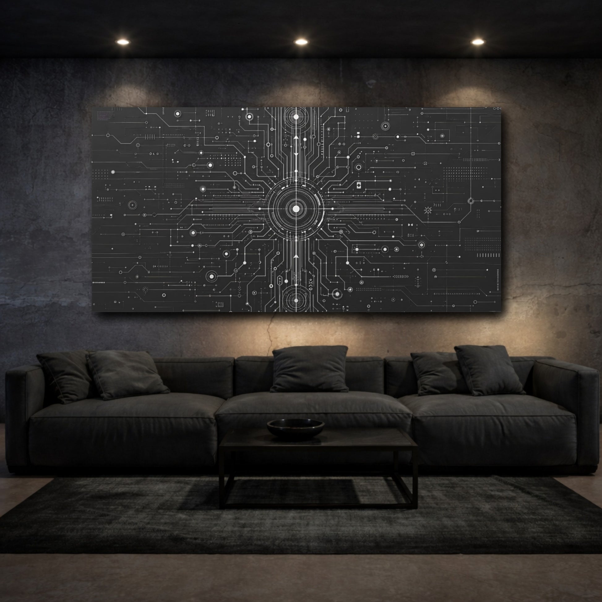 Mockup 2. Science Fiction Circuit Network Black And White shown as stretched canvas wall art