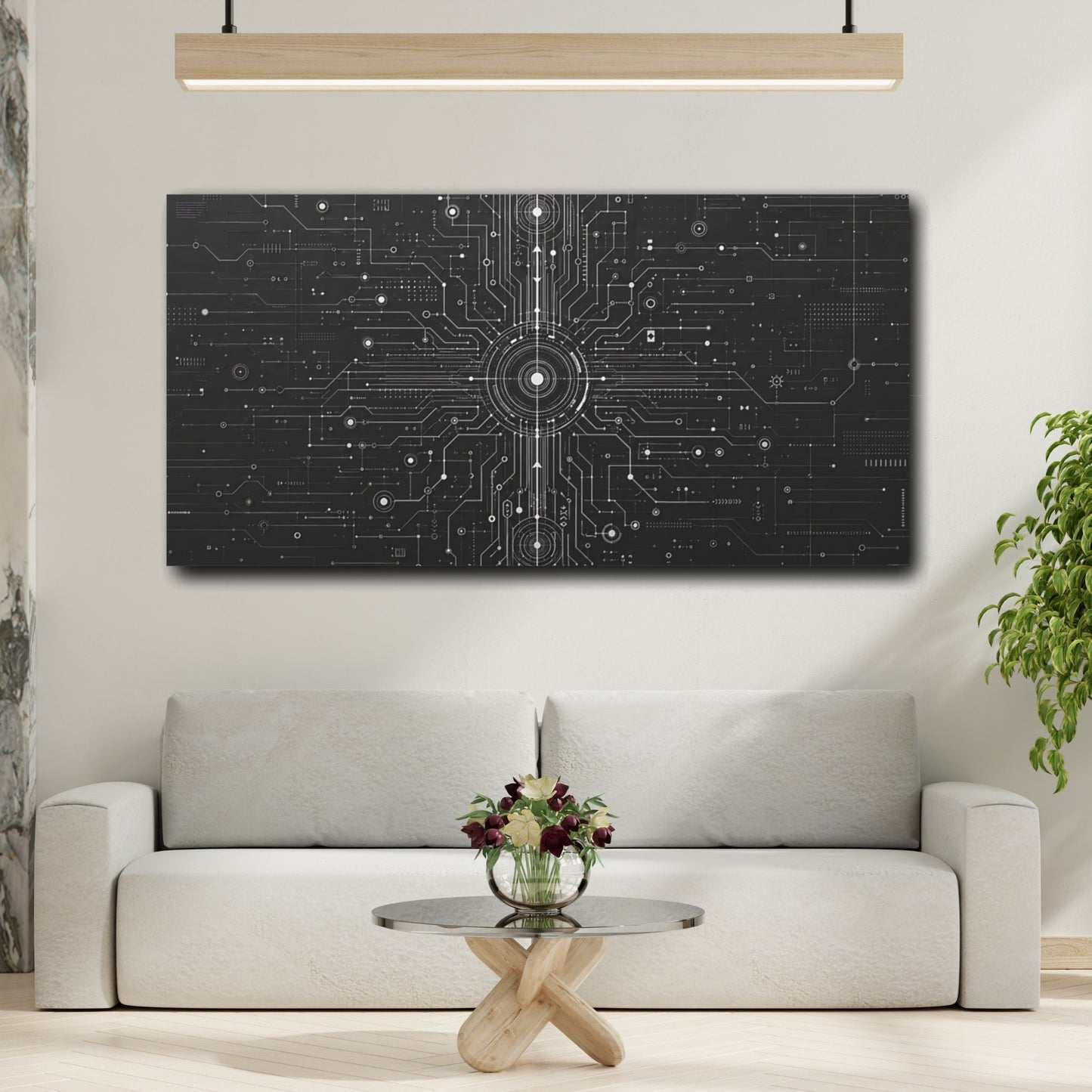 Mockup 3. Science Fiction Circuit Network Black And White shown as stretched canvas wall art
