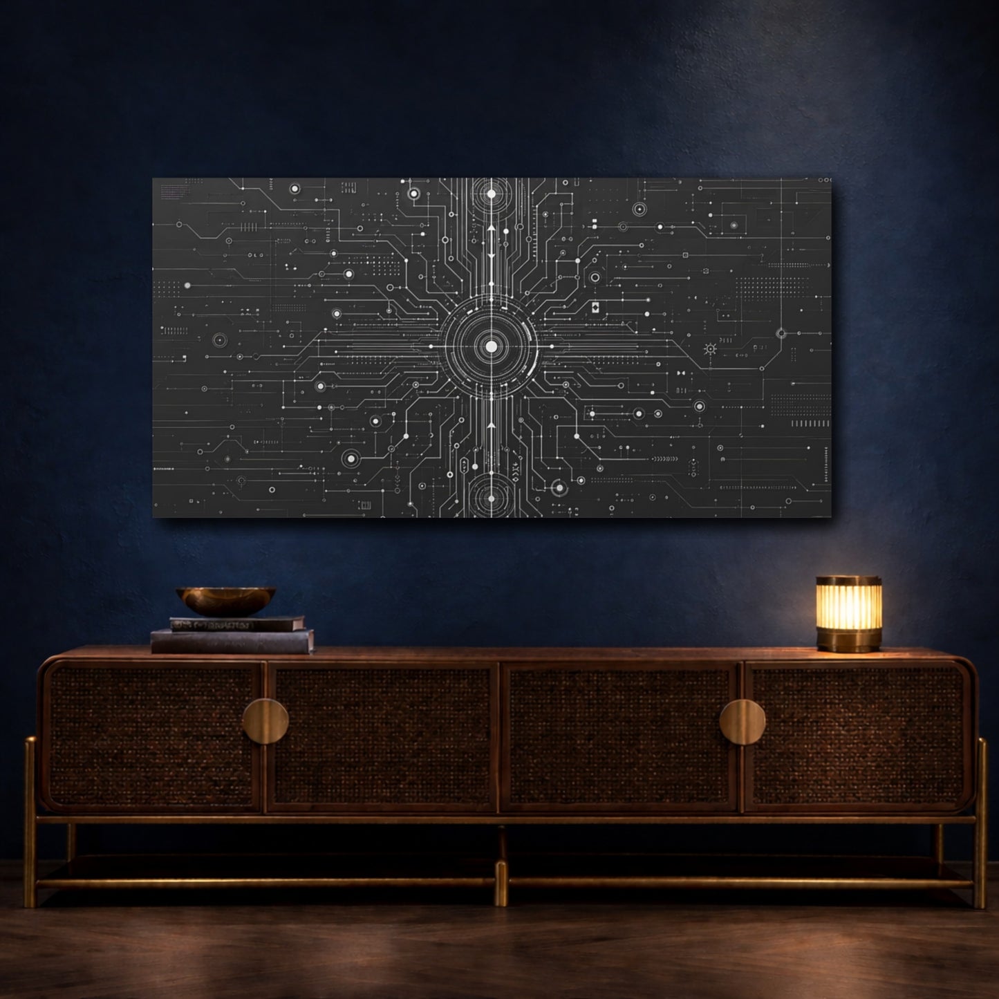 Mockup 4. Science Fiction Circuit Network Black And White shown as stretched canvas wall art