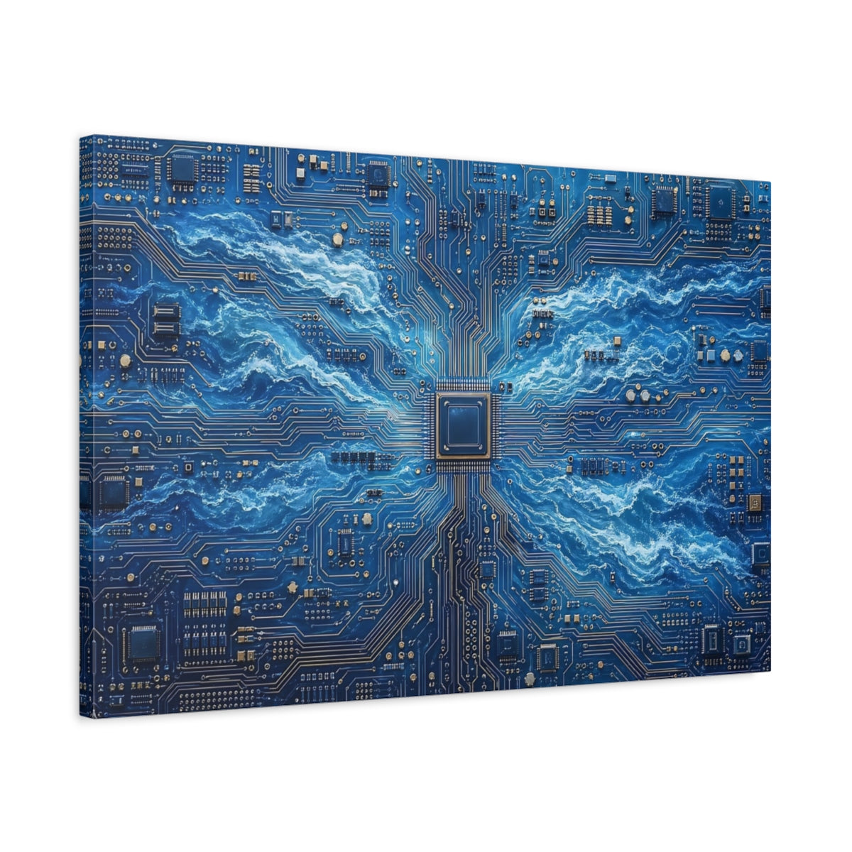 Side Mockup 2. Science Fiction Circuitry Waves Blue And Gold shown as stretched canvas wall art