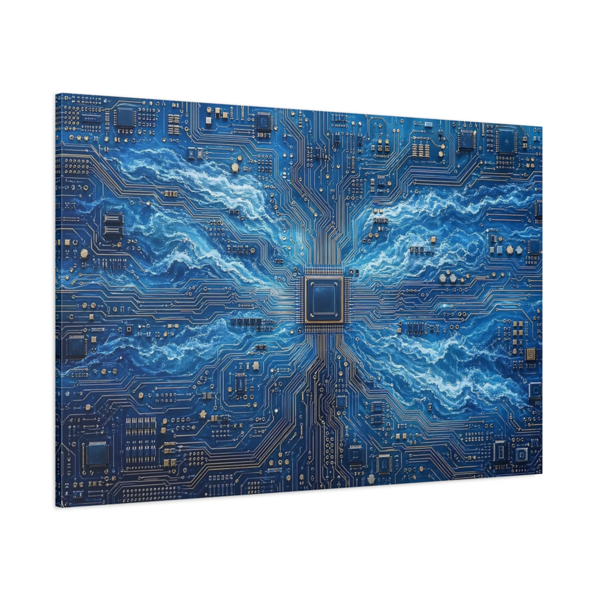 Side Mockup 1. Science Fiction Circuitry Waves Blue And Gold shown as stretched canvas wall art