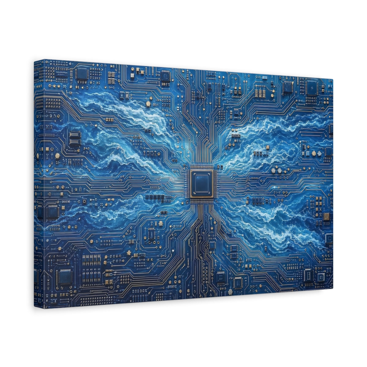 Side Mockup 4. Science Fiction Circuitry Waves Blue And Gold shown as stretched canvas wall art