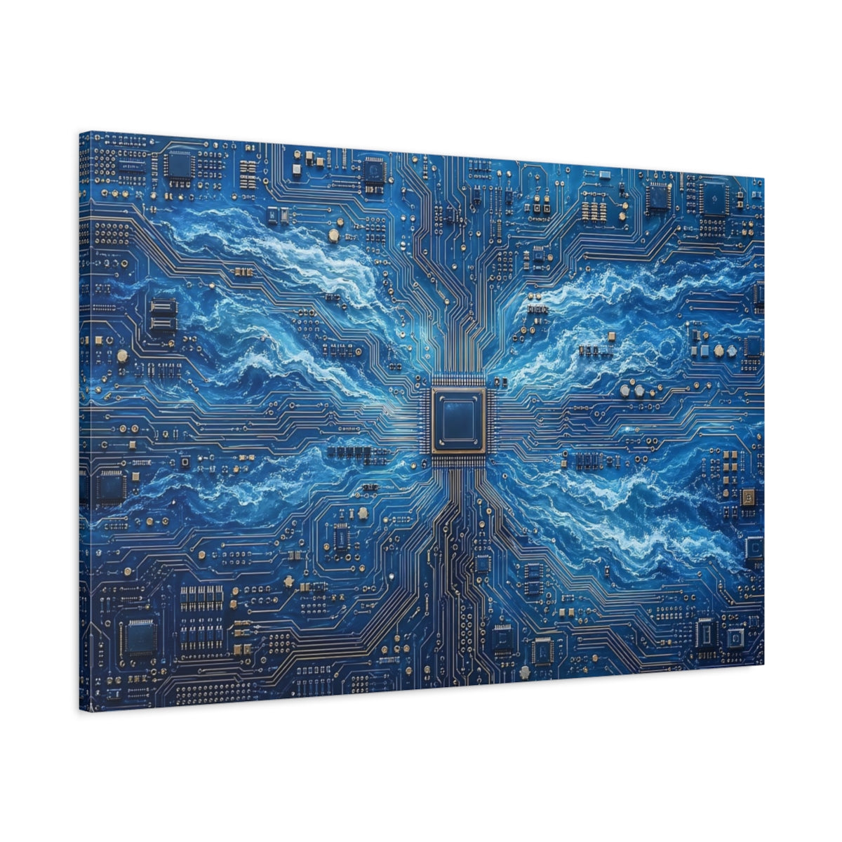 Main Mockup. Science Fiction Circuitry Waves Blue And Gold shown as stretched canvas wall art