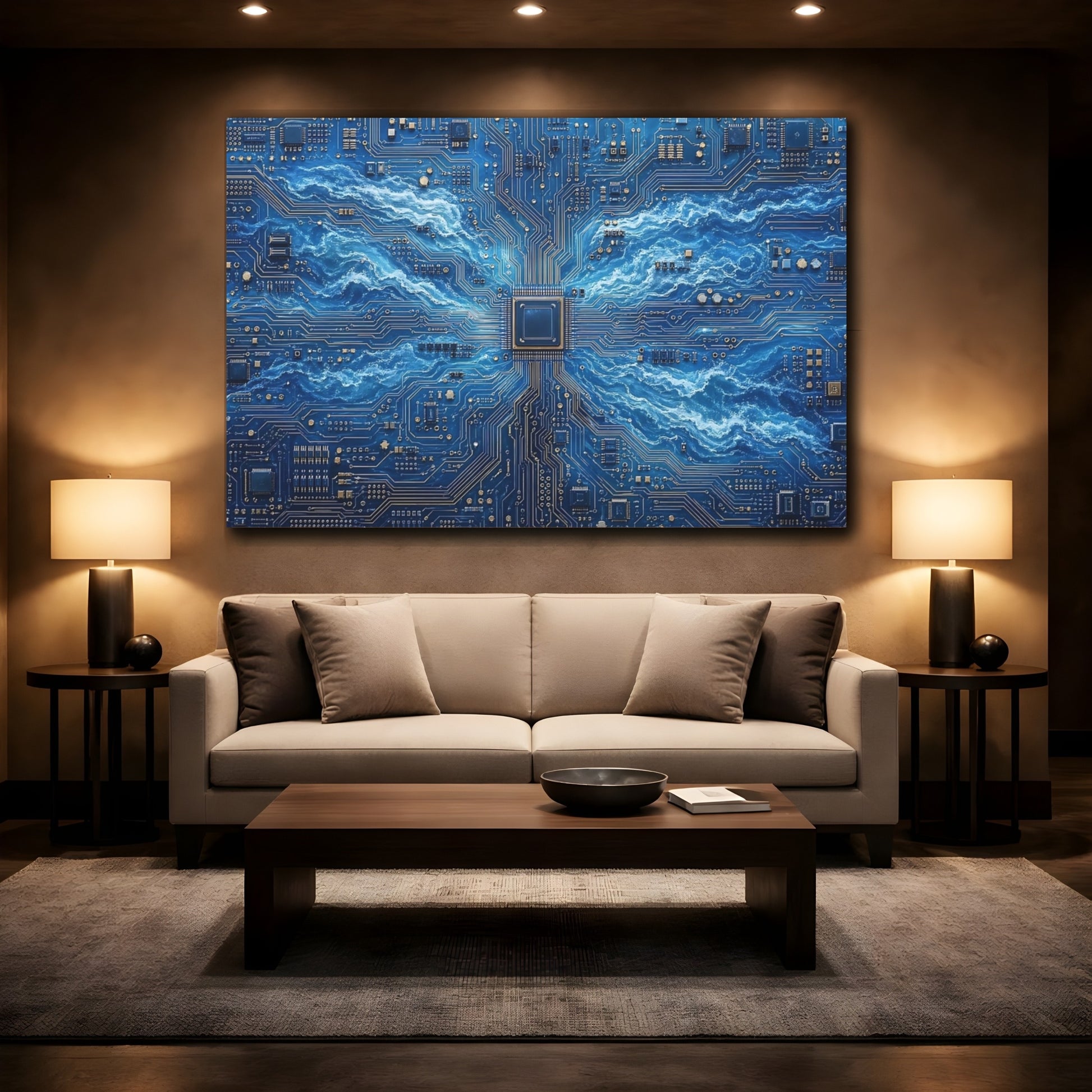 Mockup 2. Science Fiction Circuitry Waves Blue And Gold shown as stretched canvas wall art