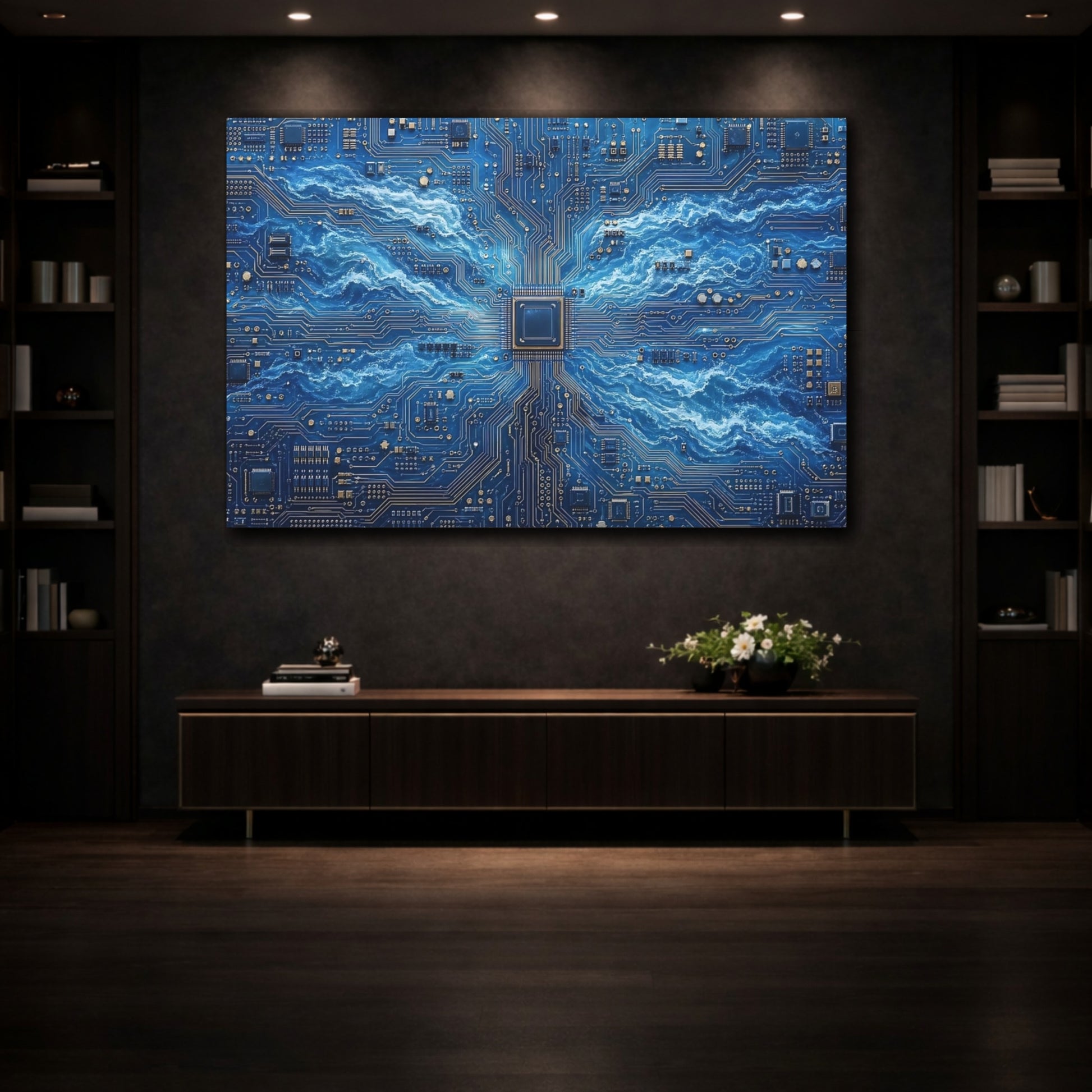 Mockup 3. Science Fiction Circuitry Waves Blue And Gold shown as stretched canvas wall art