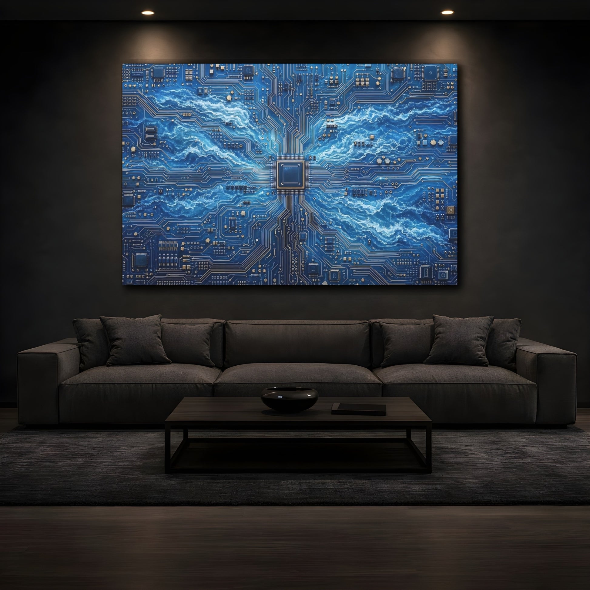 Mockup 4. Science Fiction Circuitry Waves Blue And Gold shown as stretched canvas wall art