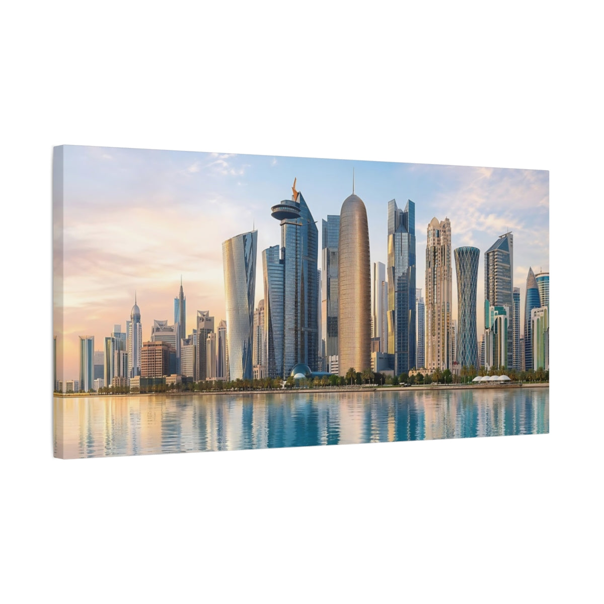 Side Mockup 1. Science Fiction City Skyline Blue Gold Skyline shown as stretched canvas wall art