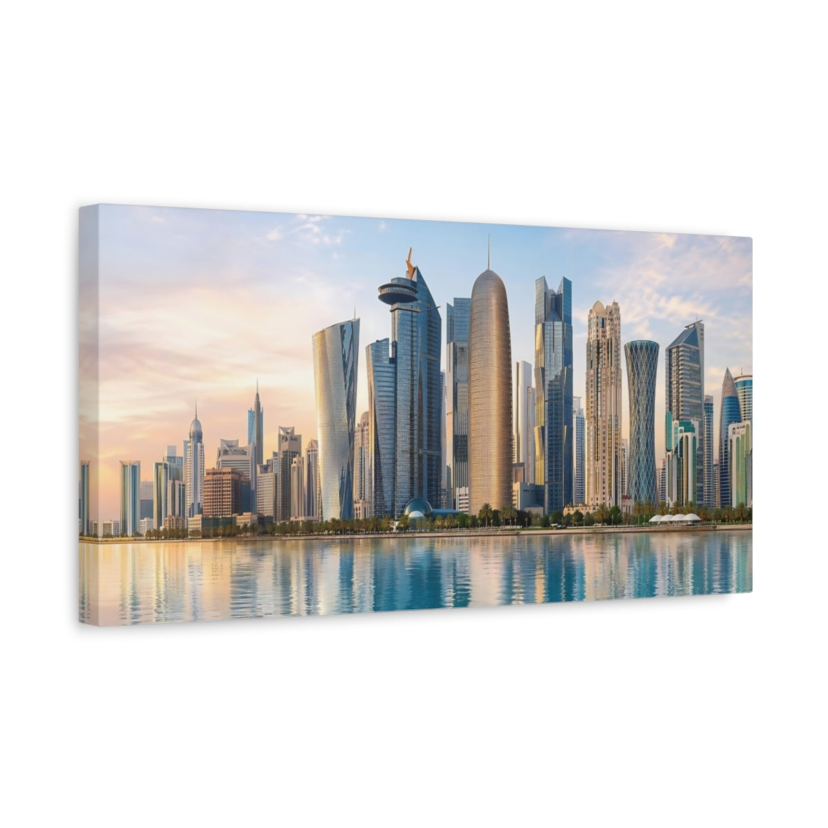 Side Mockup 3. Science Fiction City Skyline Blue Gold Skyline shown as stretched canvas wall art