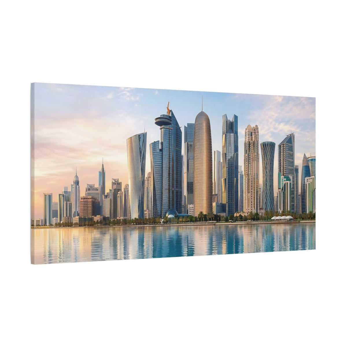 Side Mockup 2. Science Fiction City Skyline Blue Gold Skyline shown as stretched canvas wall art