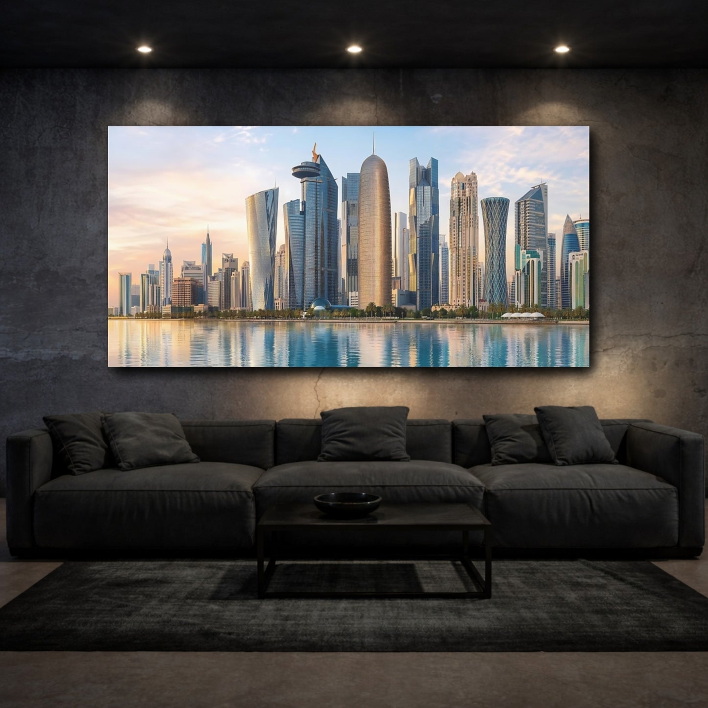 Mockup 2. Science Fiction City Skyline Blue Gold Skyline shown as stretched canvas wall art