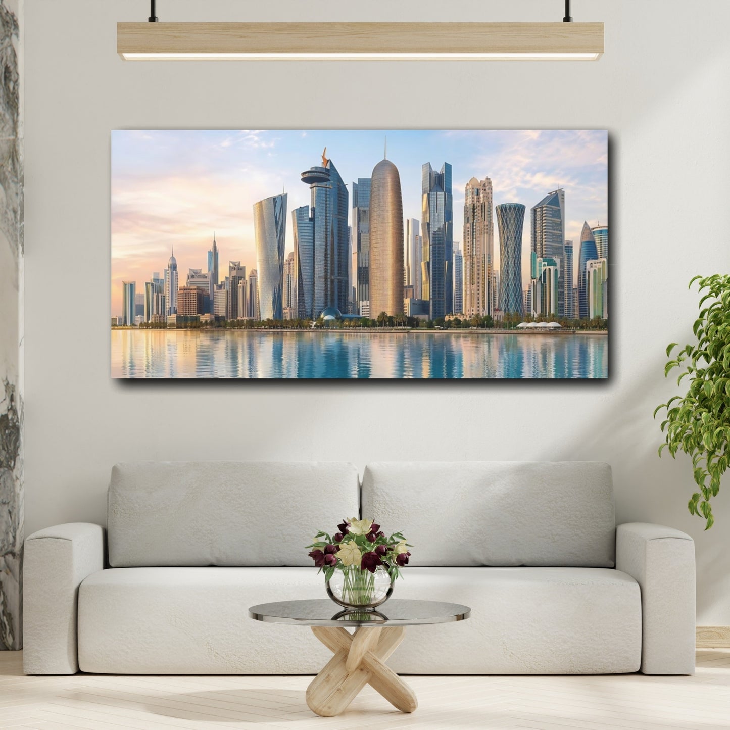 Mockup 3. Science Fiction City Skyline Blue Gold Skyline shown as stretched canvas wall art