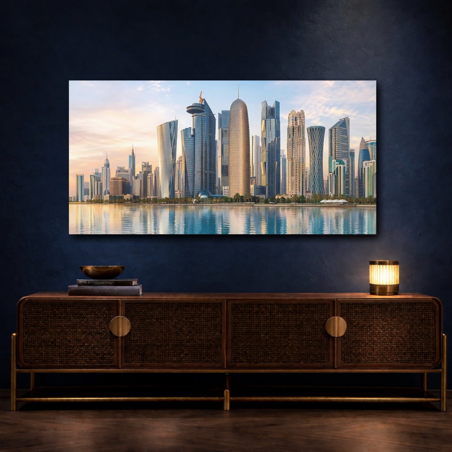 Mockup 4. Science Fiction City Skyline Blue Gold Skyline shown as stretched canvas wall art